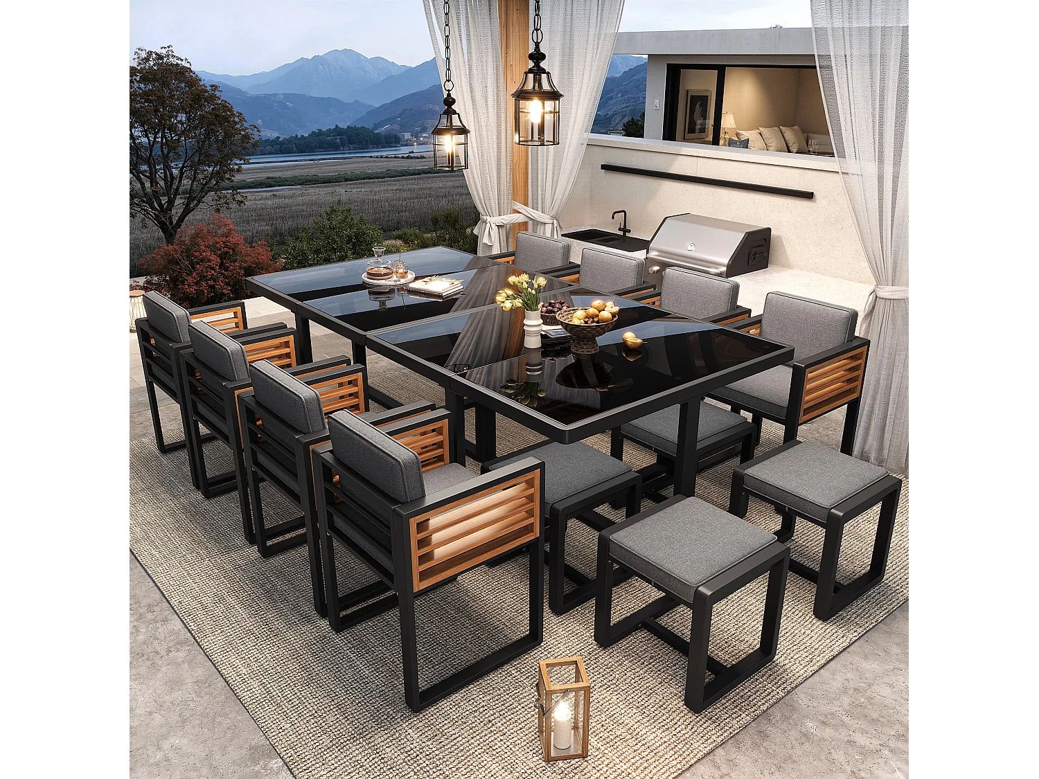 Zestaw mebli ogrodowych 6-osobowy - 8 krzeseł + 4 stołki + 2 stoły - blat szklany - szkło + metal - szary