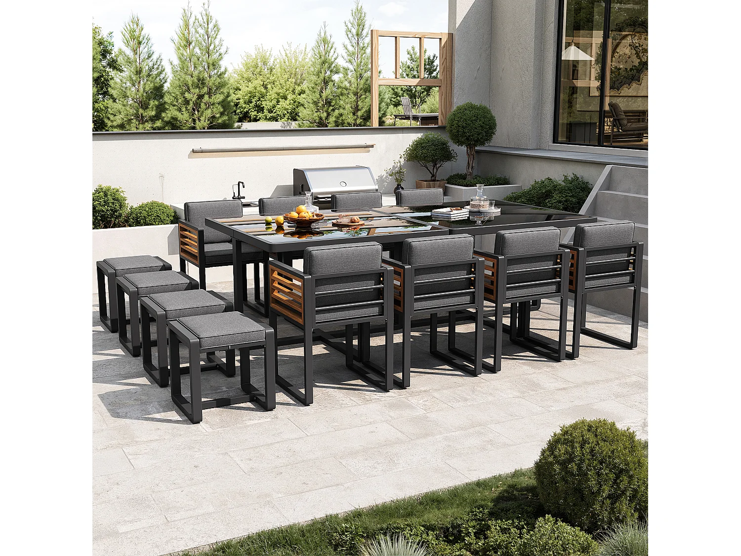 Zestaw mebli ogrodowych 6-osobowy - 8 krzeseł + 4 stołki + 2 stoły - blat szklany - szkło + metal - szary