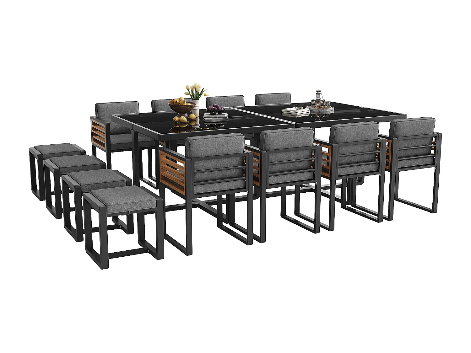 Zestaw mebli ogrodowych 6-osobowy - 8 krzeseł + 4 stołki + 2 stoły - blat szklany - szkło + metal - szary