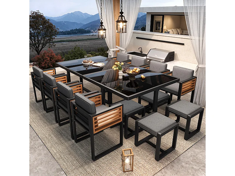 Tuinset voor 6 personen - met 8 stoelen + 4 krukjes + 2 tafels - glazen tafelblad - glas + metaal - grijs