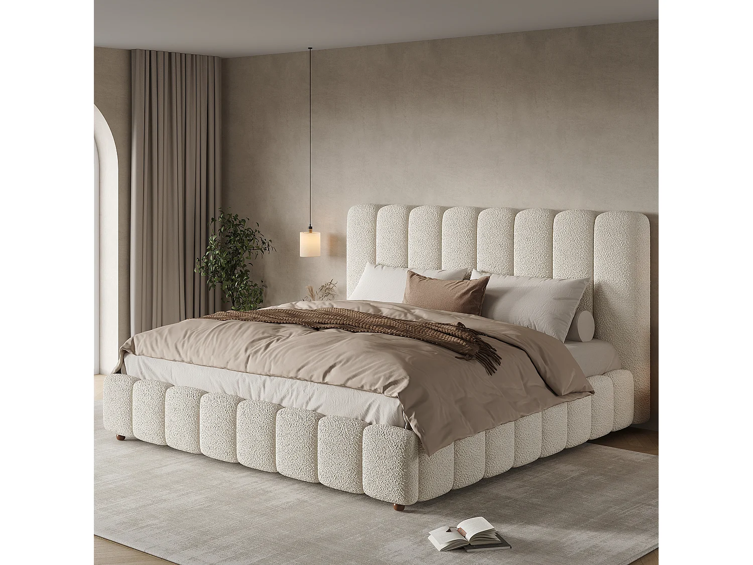 Lit coffre double rembourré - 180 x 200 cm - avec rangement hydraulique + tête de lit + sommier à lattes - bouclé - blanc