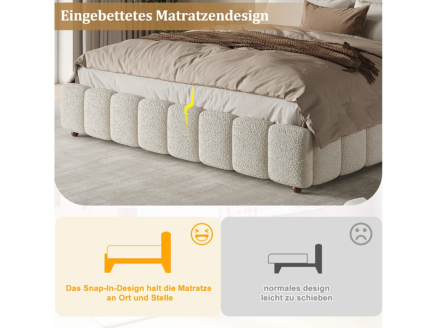 Lit coffre double rembourré - 180 x 200 cm - avec rangement hydraulique + tête de lit + sommier à lattes - bouclé - blanc