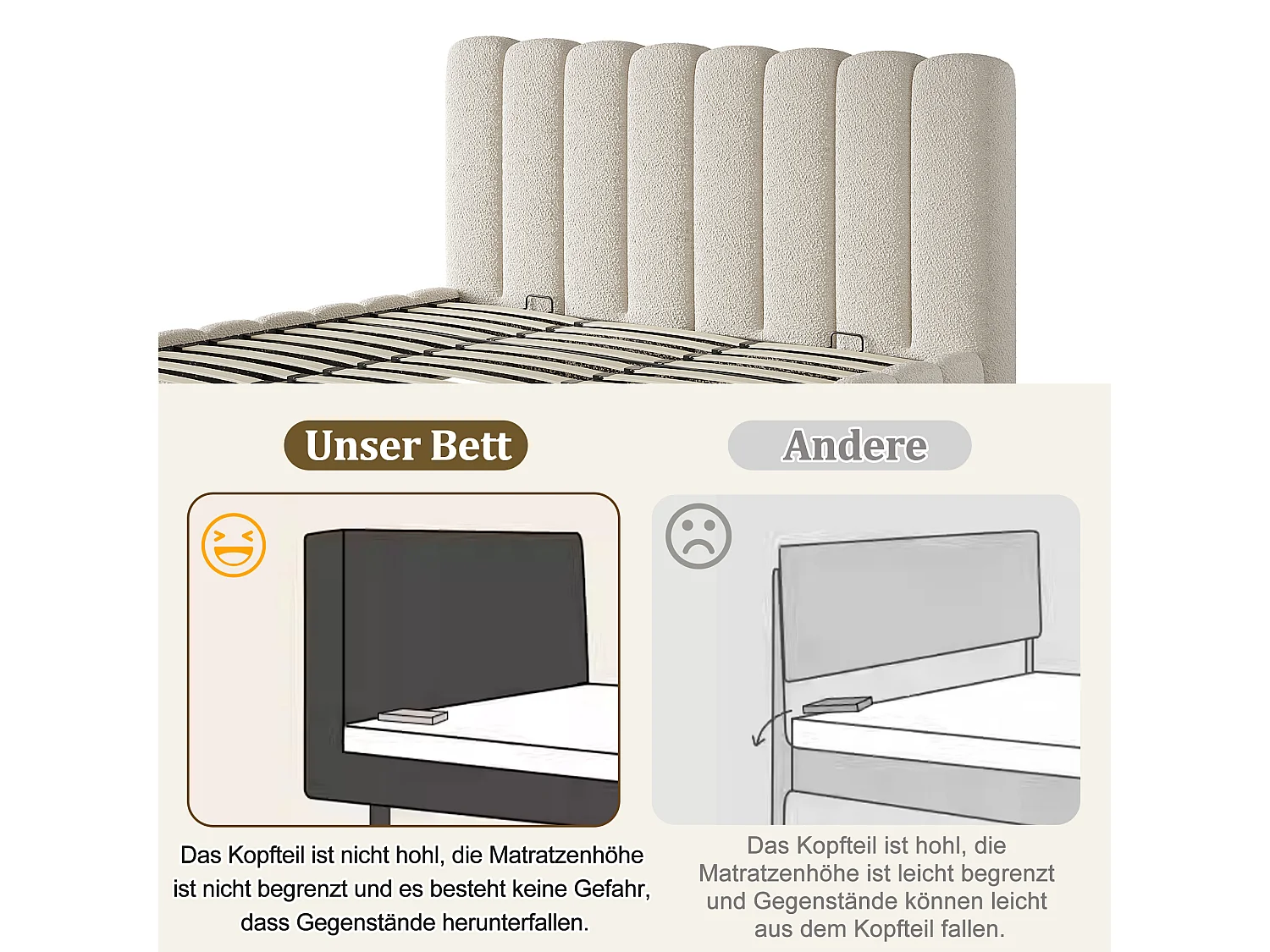 Lit coffre double rembourré - 180 x 200 cm - avec rangement hydraulique + tête de lit + sommier à lattes - bouclé - blanc