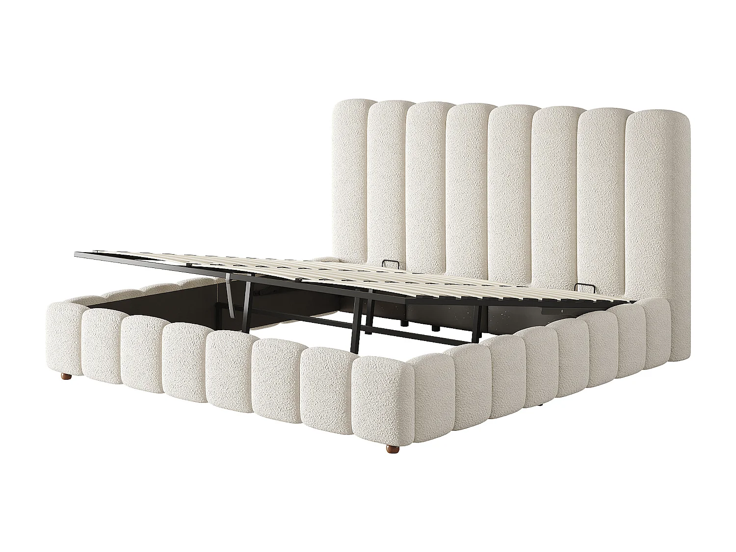 Lit coffre double rembourré - 180 x 200 cm - avec rangement hydraulique + tête de lit + sommier à lattes - bouclé - blanc