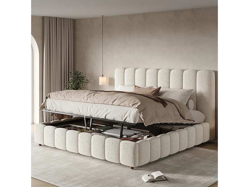 Lit coffre double rembourré - 180 x 200 cm - avec rangement hydraulique + tête de lit + sommier à lattes - bouclé - blanc