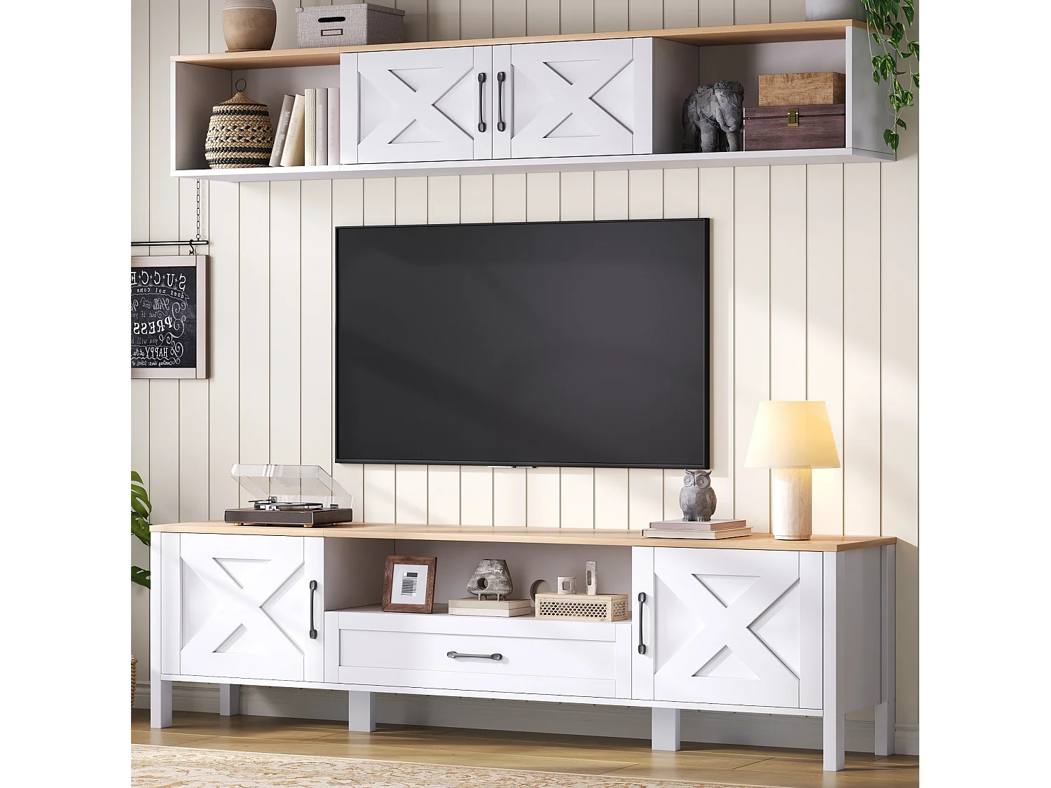 Complete 2-delige woonkamerset - 180 x 40 x 50 cm - tv-meubel + wandvitrine - met deuren + 1 lade - MDF - wit