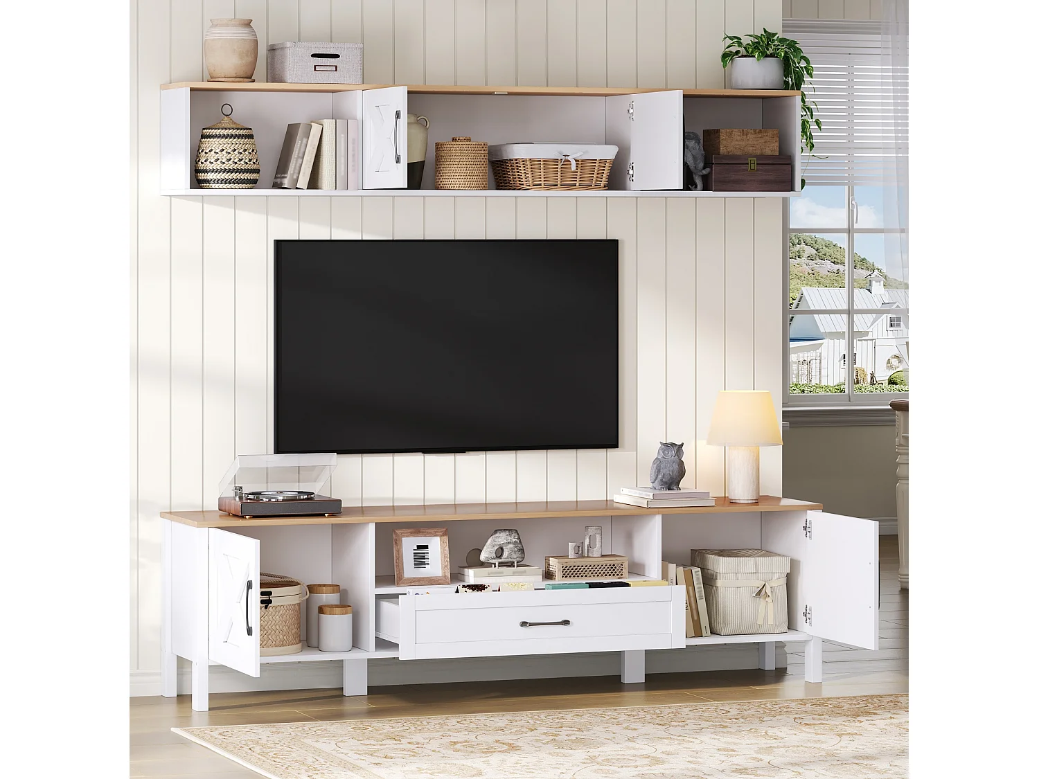 Complete 2-delige woonkamerset - 180 x 40 x 50 cm - tv-meubel + wandvitrine - met deuren + 1 lade - MDF - wit