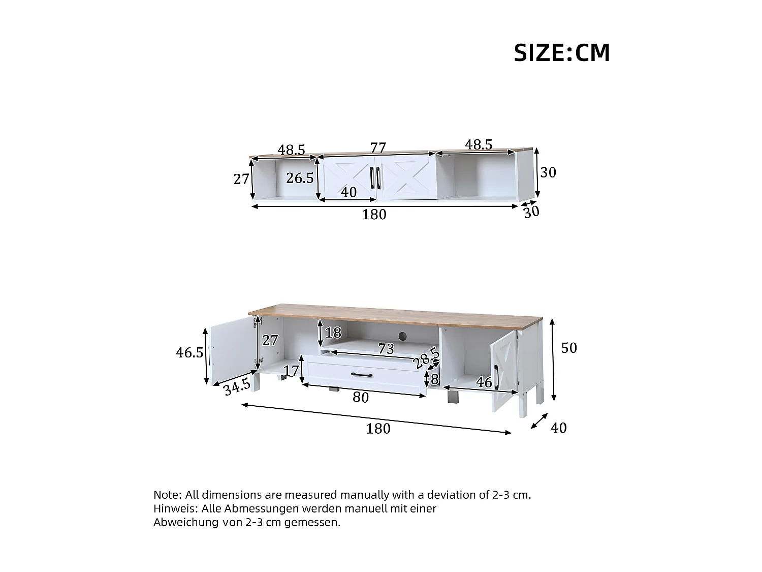 Complete 2-delige woonkamerset - 180 x 40 x 50 cm - tv-meubel + wandvitrine - met deuren + 1 lade - MDF - wit