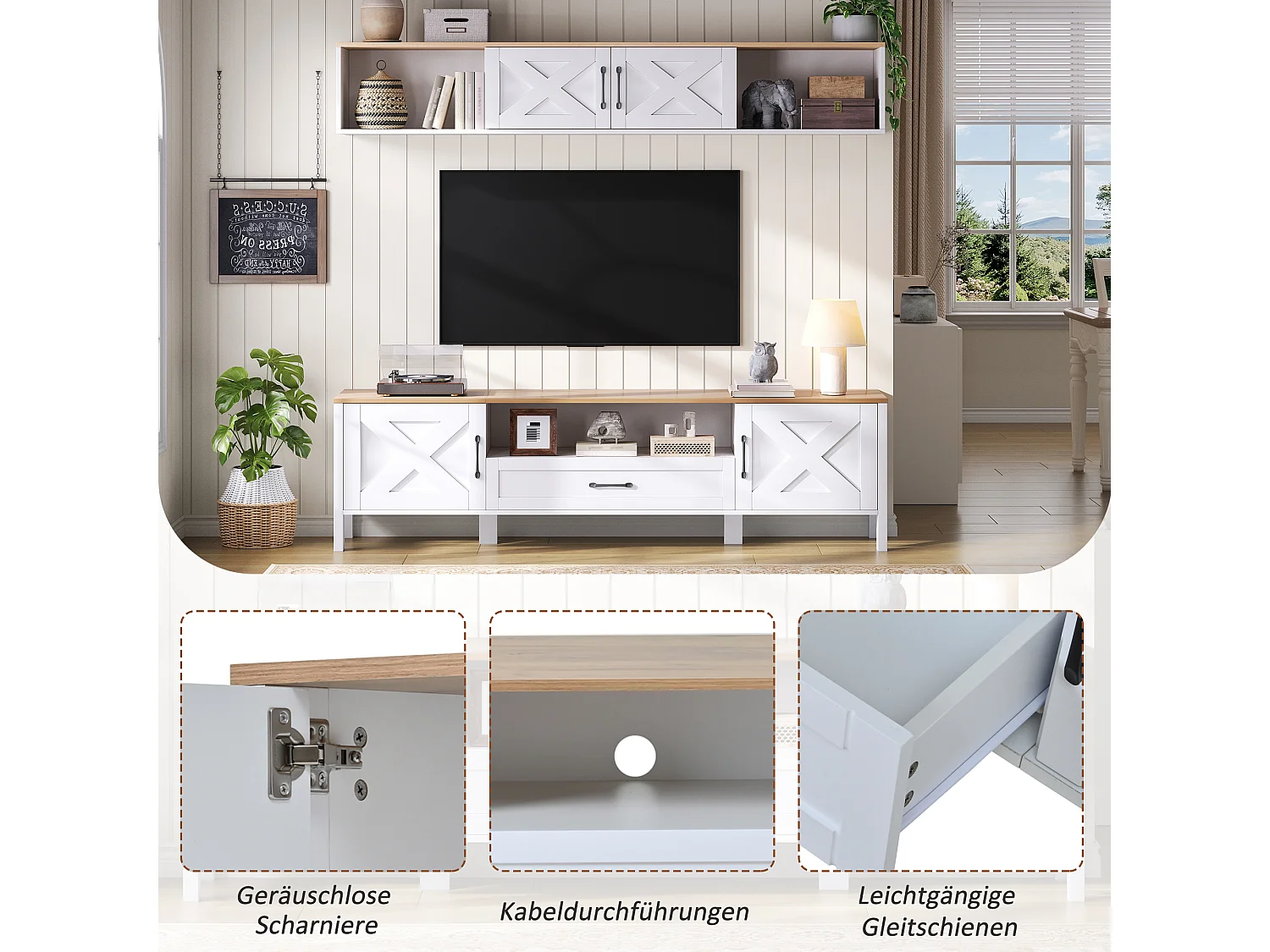 Complete 2-delige woonkamerset - 180 x 40 x 50 cm - tv-meubel + wandvitrine - met deuren + 1 lade - MDF - wit