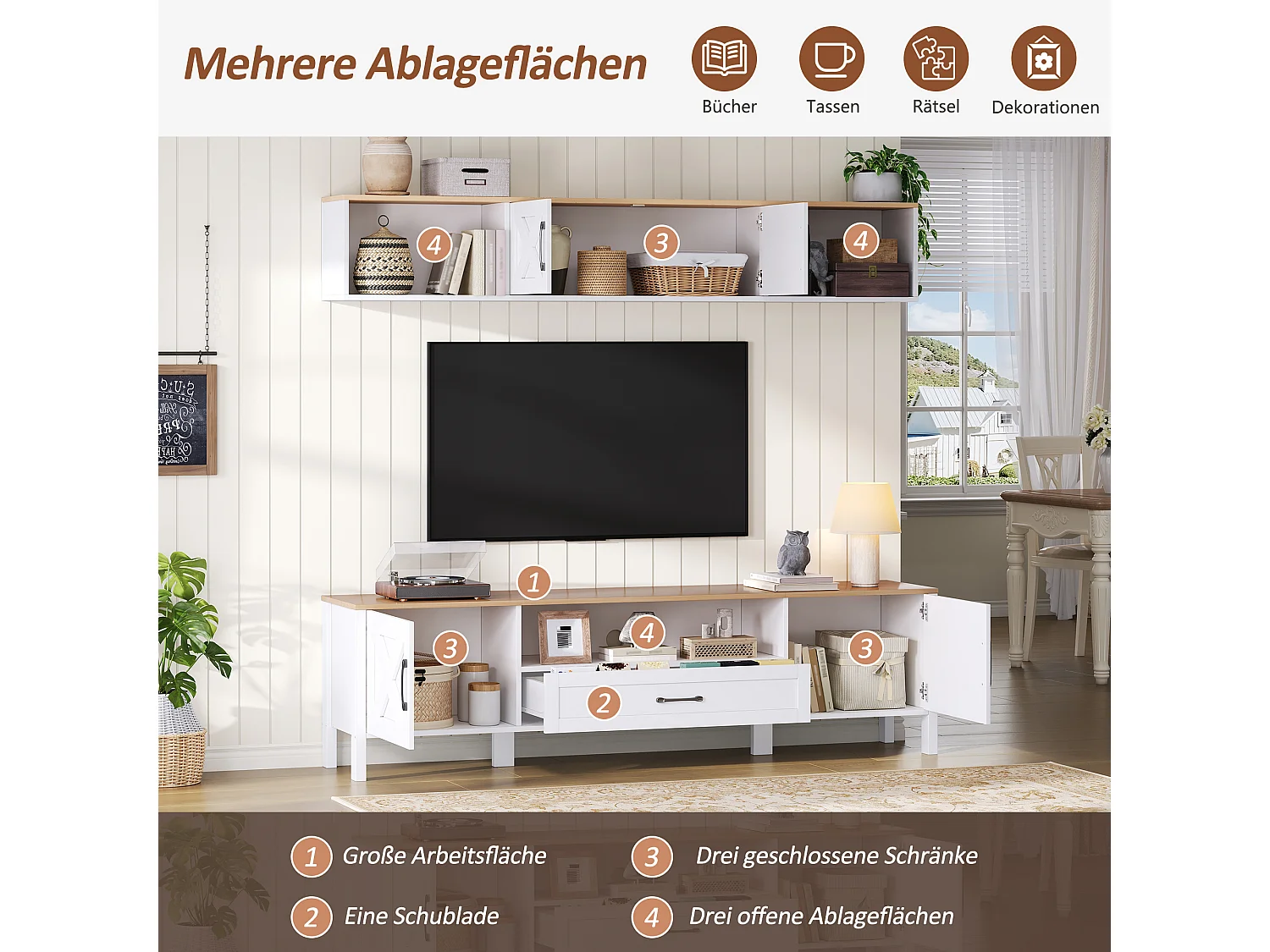 Complete 2-delige woonkamerset - 180 x 40 x 50 cm - tv-meubel + wandvitrine - met deuren + 1 lade - MDF - wit