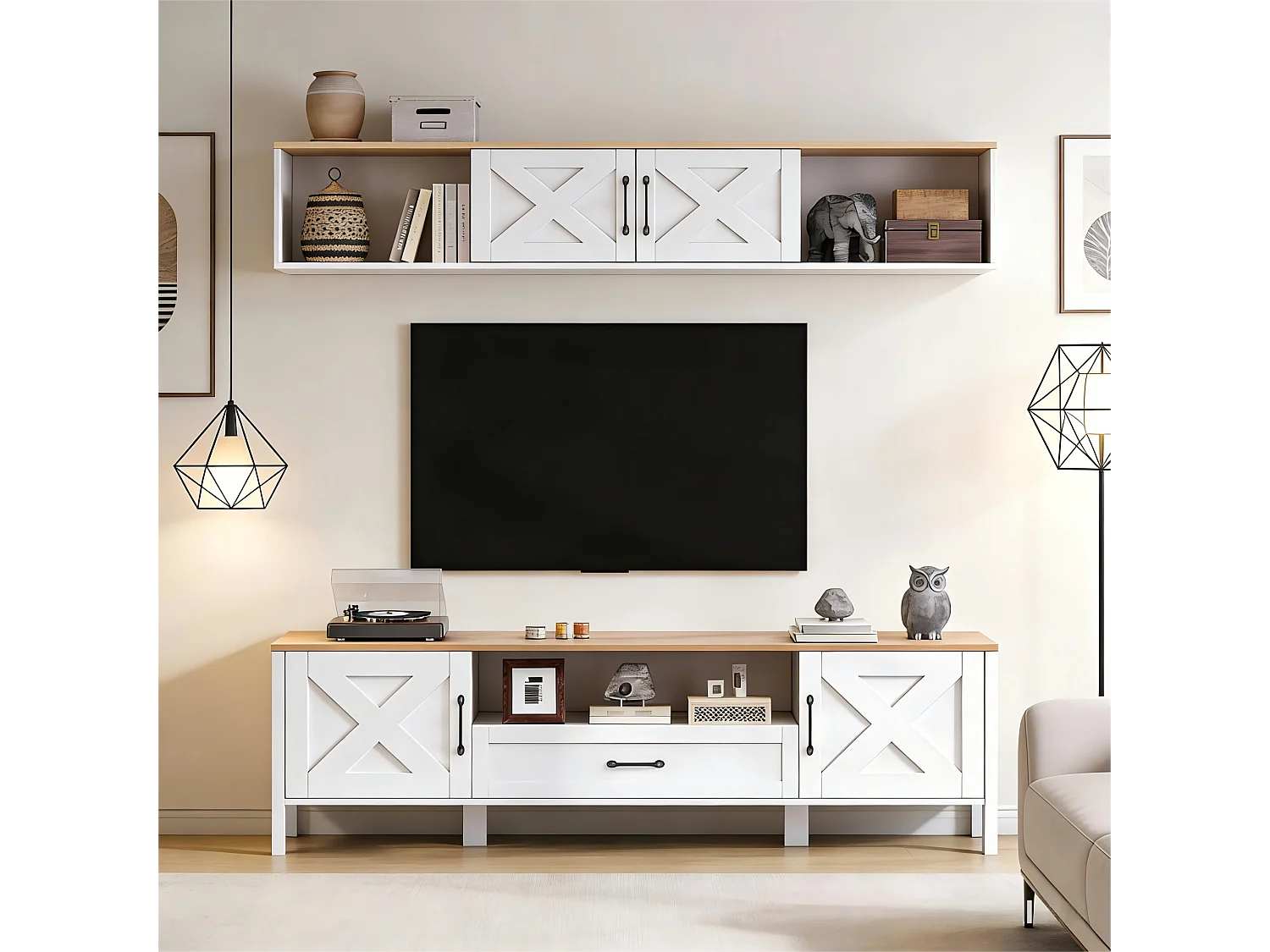 Complete 2-delige woonkamerset - 180 x 40 x 50 cm - tv-meubel + wandvitrine - met deuren + 1 lade - MDF - wit