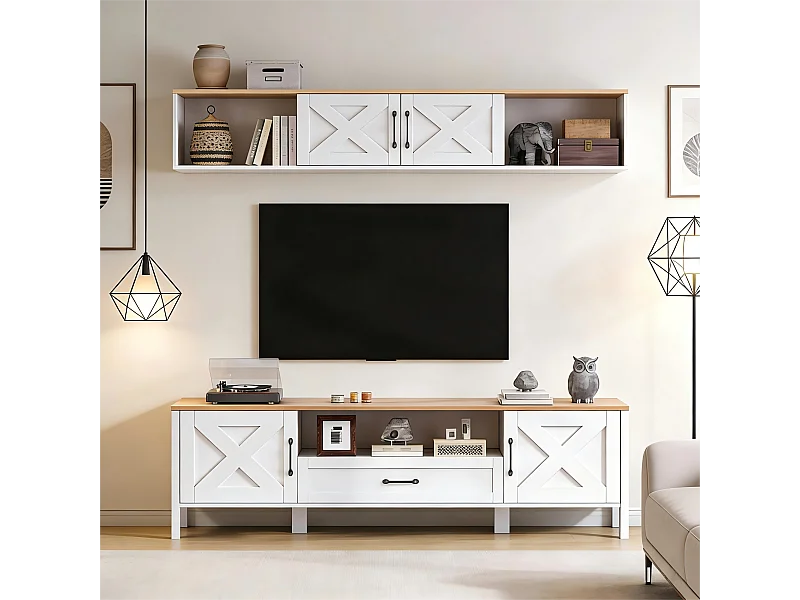 Complete 2-delige woonkamerset - 180 x 40 x 50 cm - tv-meubel + wandvitrine - met deuren + 1 lade - MDF - wit