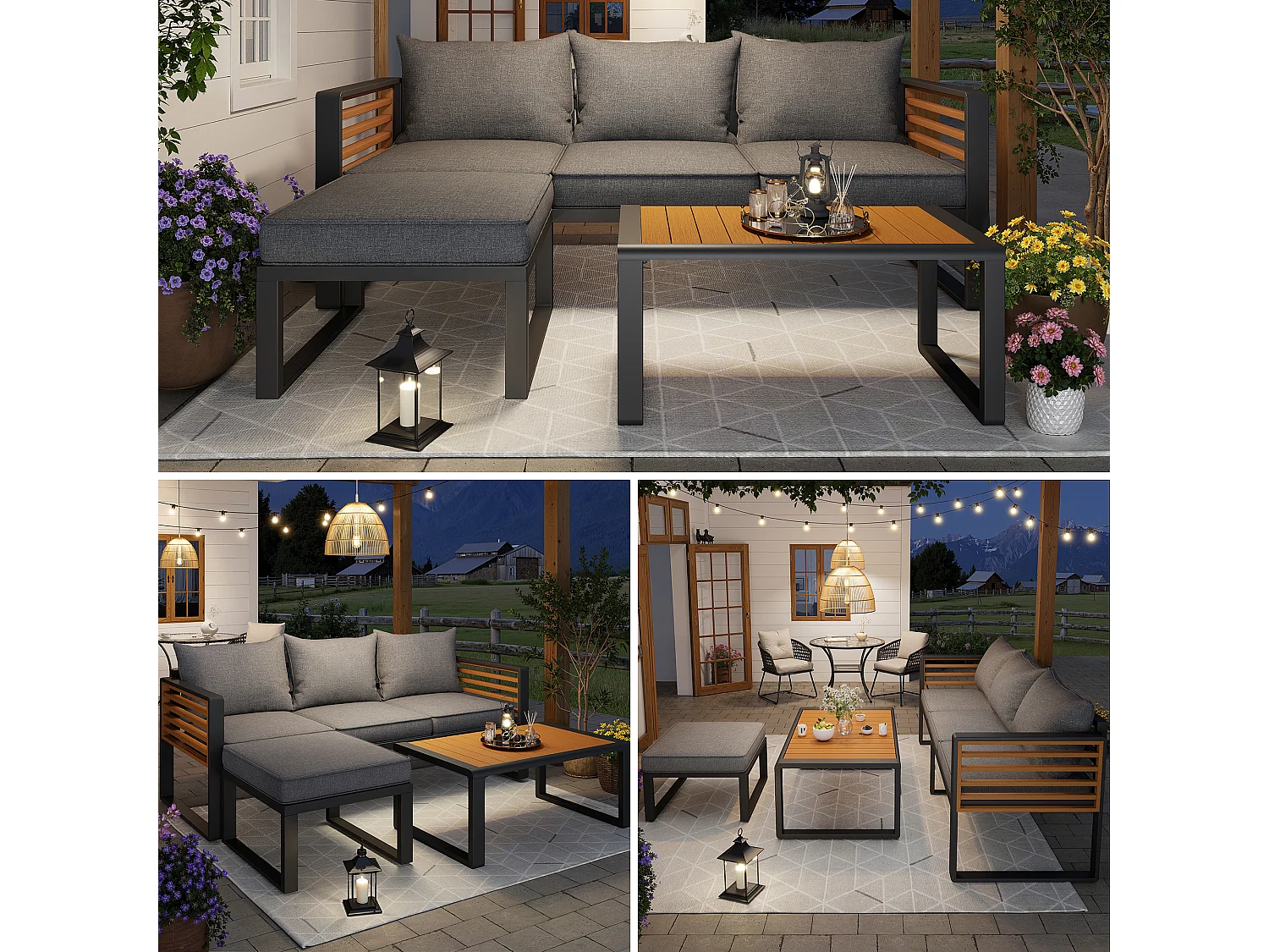 Ensemble salon de jardin 3-4 places - avec 1 canapé 3 places + 1 canapé sans bras + table - en fer galvanisé - métal - gris