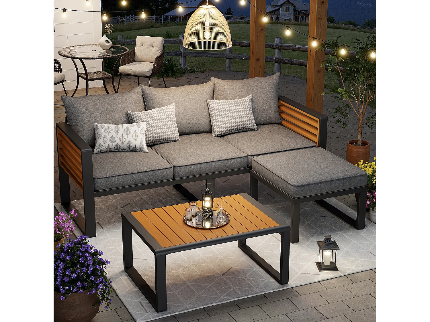 Ensemble salon de jardin 3-4 places - avec 1 canapé 3 places + 1 canapé sans bras + table - en fer galvanisé - métal - gris