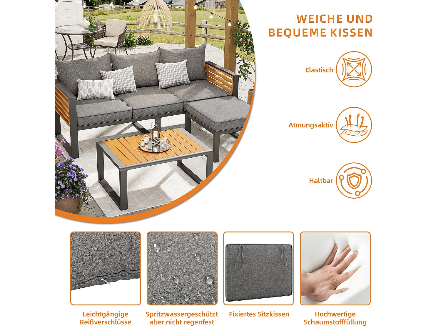 Ensemble salon de jardin 3-4 places - avec 1 canapé 3 places + 1 canapé sans bras + table - en fer galvanisé - métal - gris