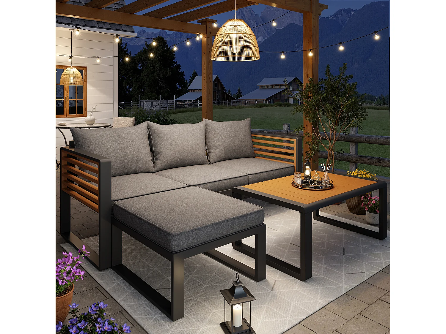 Ensemble salon de jardin 3-4 places - avec 1 canapé 3 places + 1 canapé sans bras + table - en fer galvanisé - métal - gris