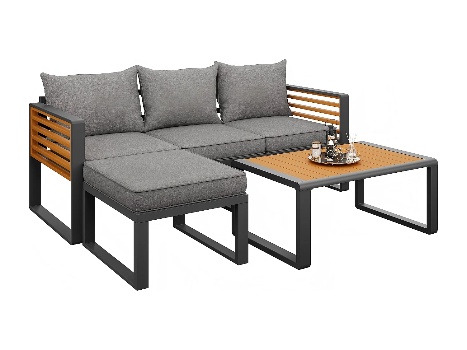 Ensemble salon de jardin 3-4 places - avec 1 canapé 3 places + 1 canapé sans bras + table - en fer galvanisé - métal - gris