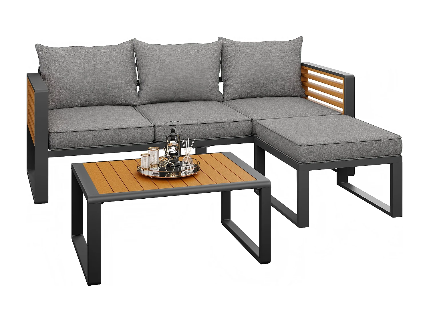 Ensemble salon de jardin 3-4 places - avec 1 canapé 3 places + 1 canapé sans bras + table - en fer galvanisé - métal - gris