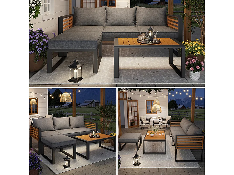 Ensemble salon de jardin 3-4 places - avec 1 canapé 3 places + 1 canapé sans bras + table - en fer galvanisé - métal - gris