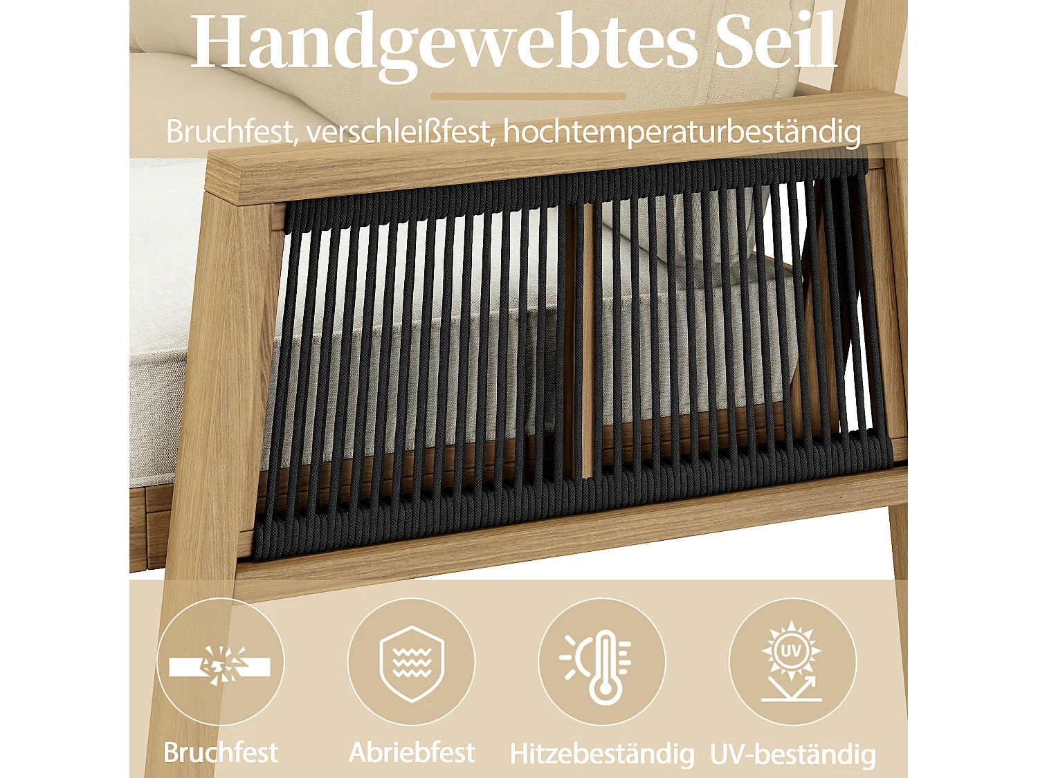 Zestaw mebli ogrodowych 6-osobowy - z narożnikiem + stolikiem kawowym + 1 ławką - Poliester - beżowy