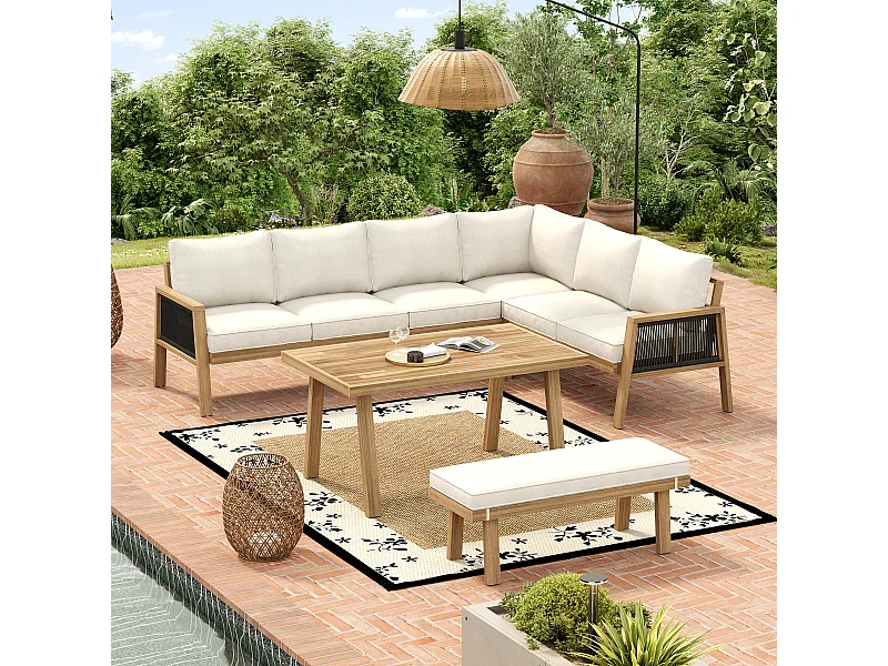 Zestaw mebli ogrodowych 6-osobowy - z narożnikiem + stolikiem kawowym + 1 ławką - Poliester - beżowy