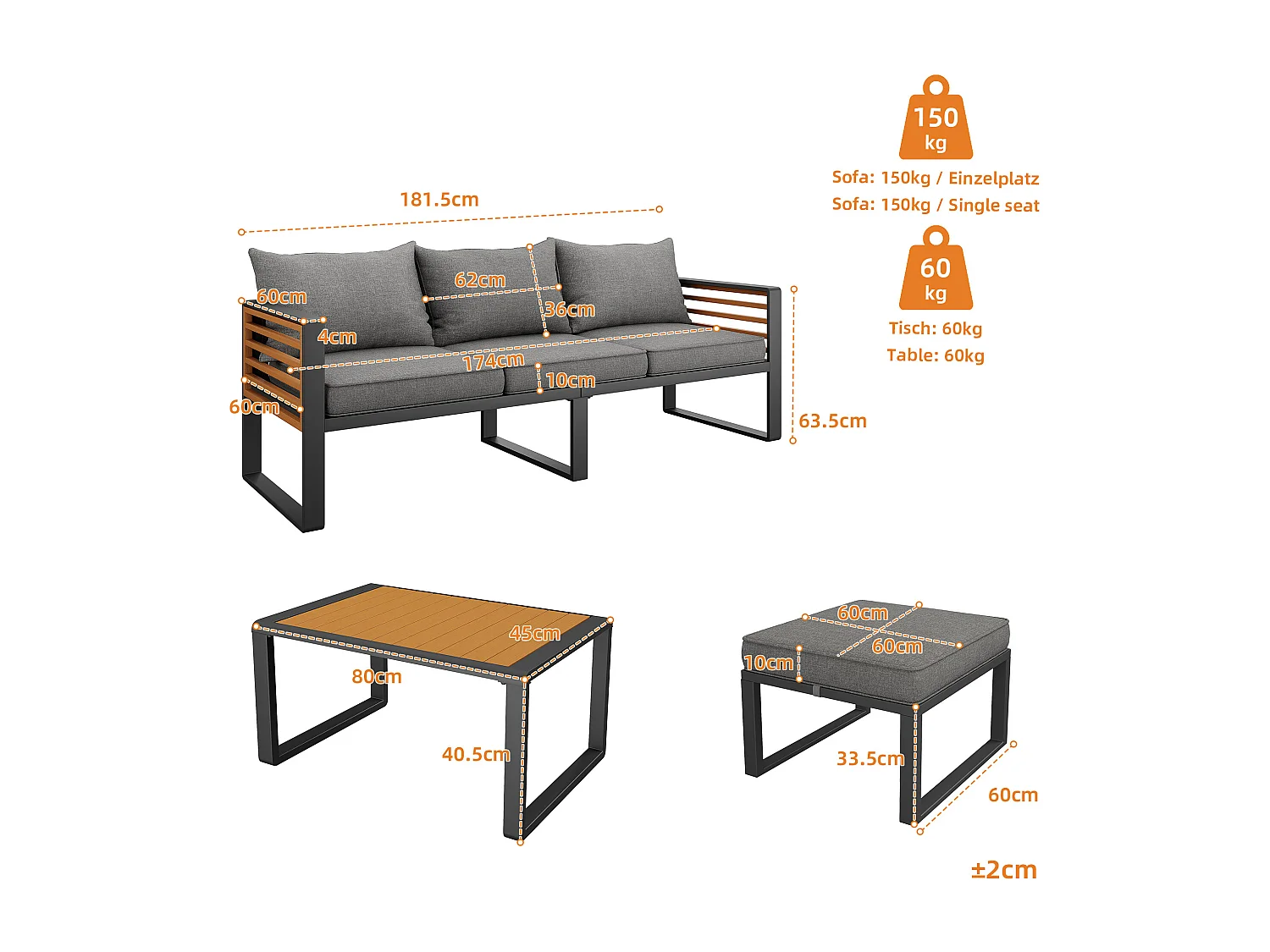 Gartenmöbelset für 6–8 Personen – bestehend aus 2 Dreisitzer-Sofas, 2 Sofas ohne Armlehnen und 2 Tischen – verzinktes Eisen – Metall – grau