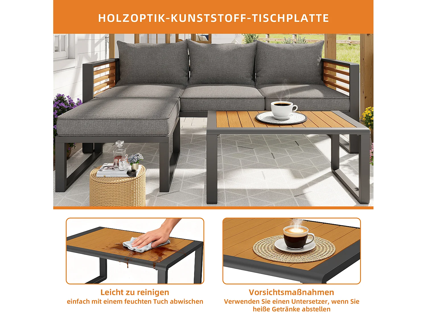 Gartenmöbelset für 6–8 Personen – bestehend aus 2 Dreisitzer-Sofas, 2 Sofas ohne Armlehnen und 2 Tischen – verzinktes Eisen – Metall – grau