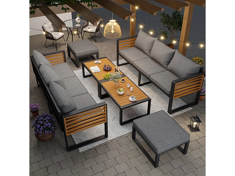 Gartenmöbelset für 6–8 Personen – bestehend aus 2 Dreisitzer-Sofas, 2 Sofas ohne Armlehnen und 2 Tischen – verzinktes Eisen – Metall – grau