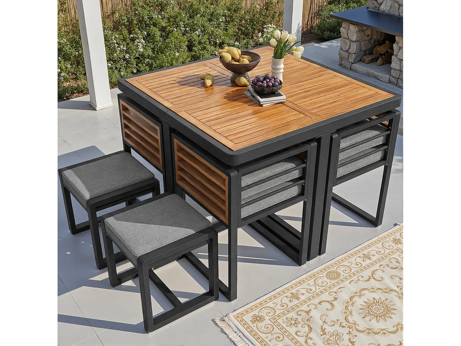 6-teiliges Gartenmöbelset – bestehend aus 4 Stühlen, 2 Hockern und einem Tisch – Tischplatte aus Massivholz – Holz und Metall – grau