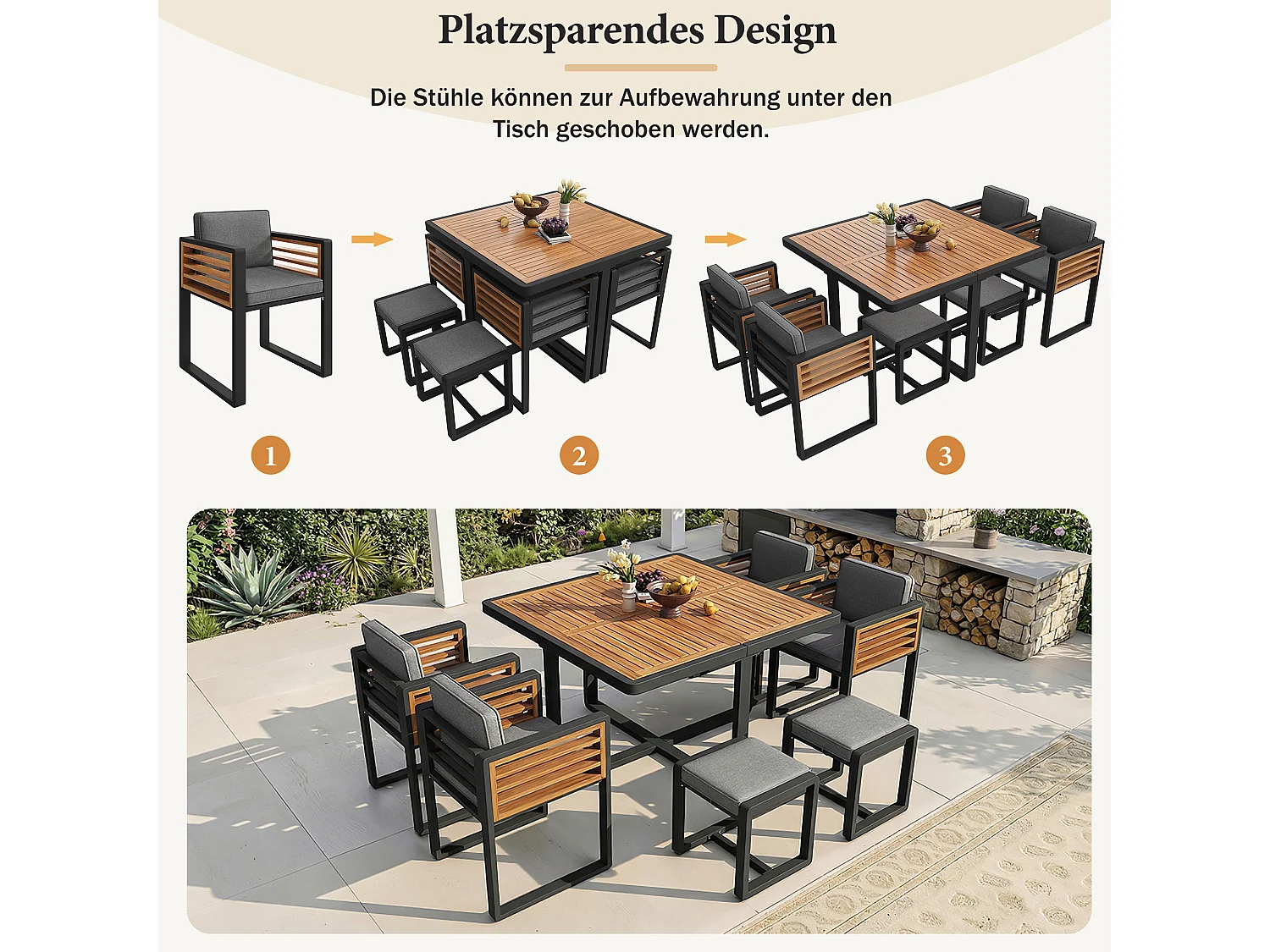 6-teiliges Gartenmöbelset – bestehend aus 4 Stühlen, 2 Hockern und einem Tisch – Tischplatte aus Massivholz – Holz und Metall – grau