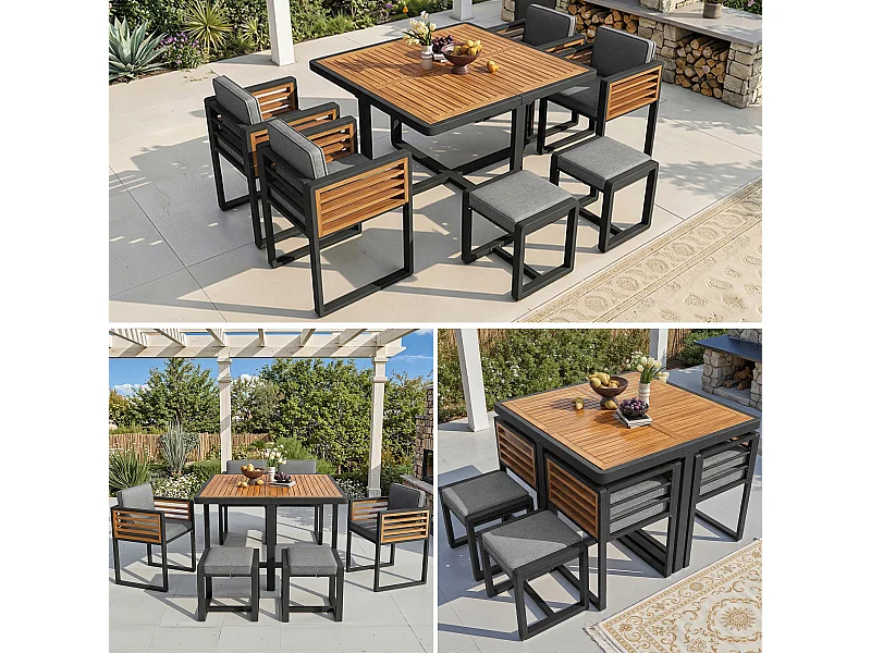 6-teiliges Gartenmöbelset – bestehend aus 4 Stühlen, 2 Hockern und einem Tisch – Tischplatte aus Massivholz – Holz und Metall – grau