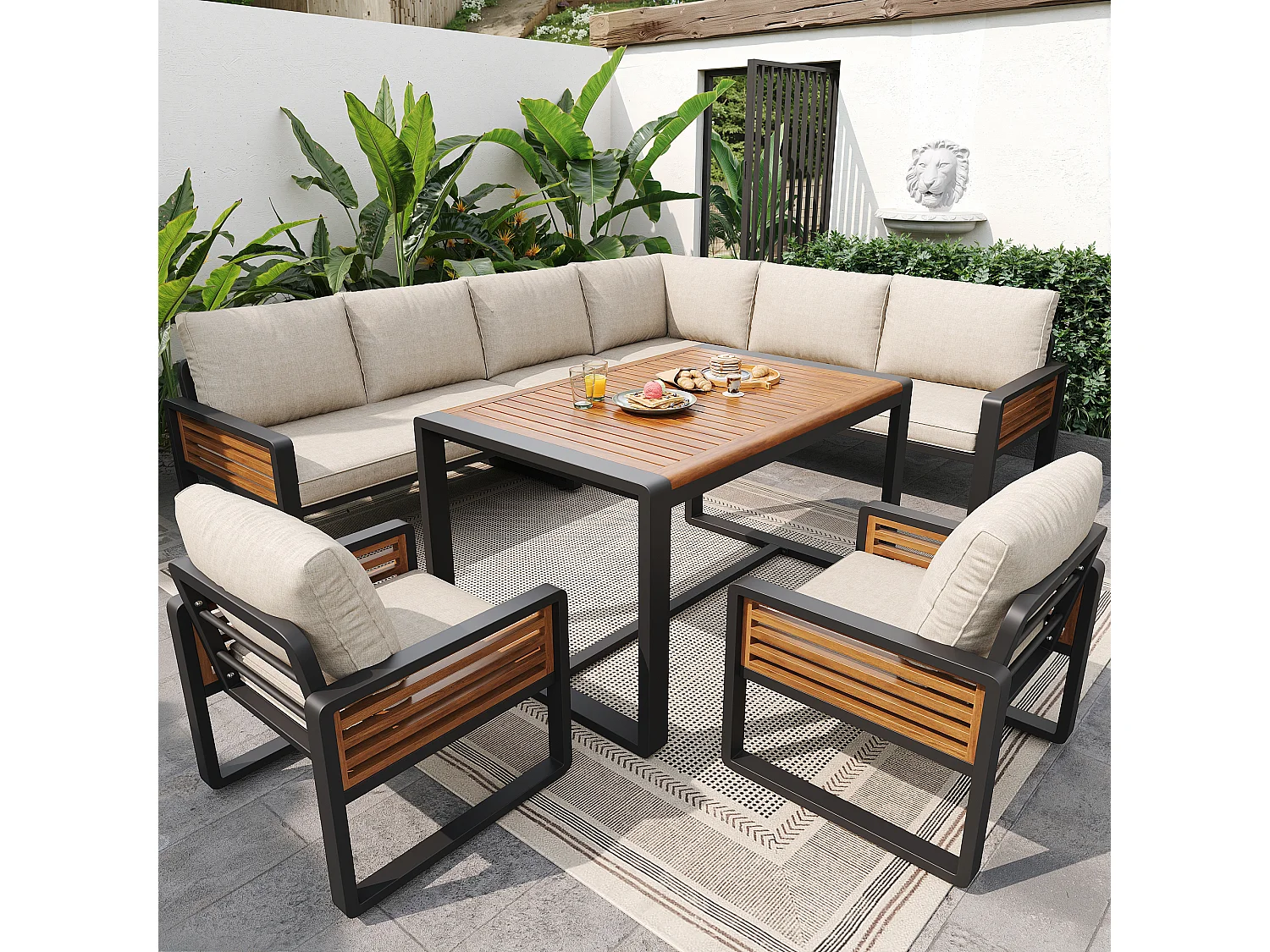 Conjunto de muebles de jardín de 8 plazas - con 3 sofás + 2 sillones + 1 mesa - cojines de asiento y respaldo incluidos - metal - beige