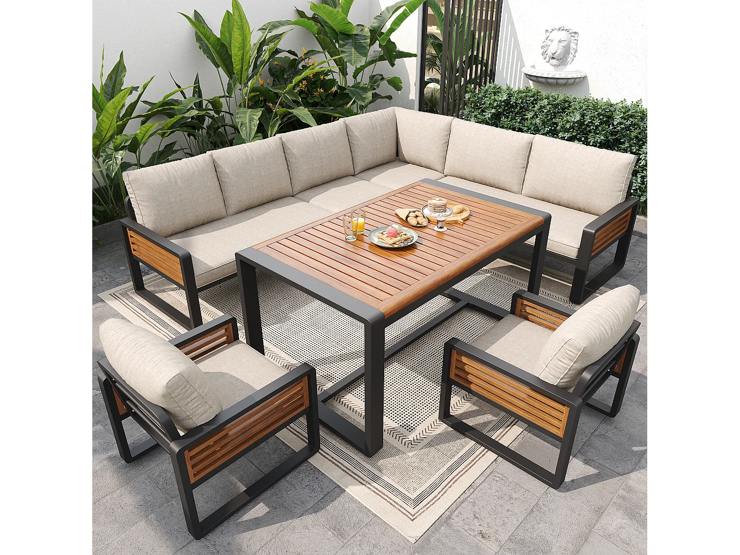 Conjunto de muebles de jardín de 8 plazas - con 3 sofás + 2 sillones + 1 mesa - cojines de asiento y respaldo incluidos - metal - beige
