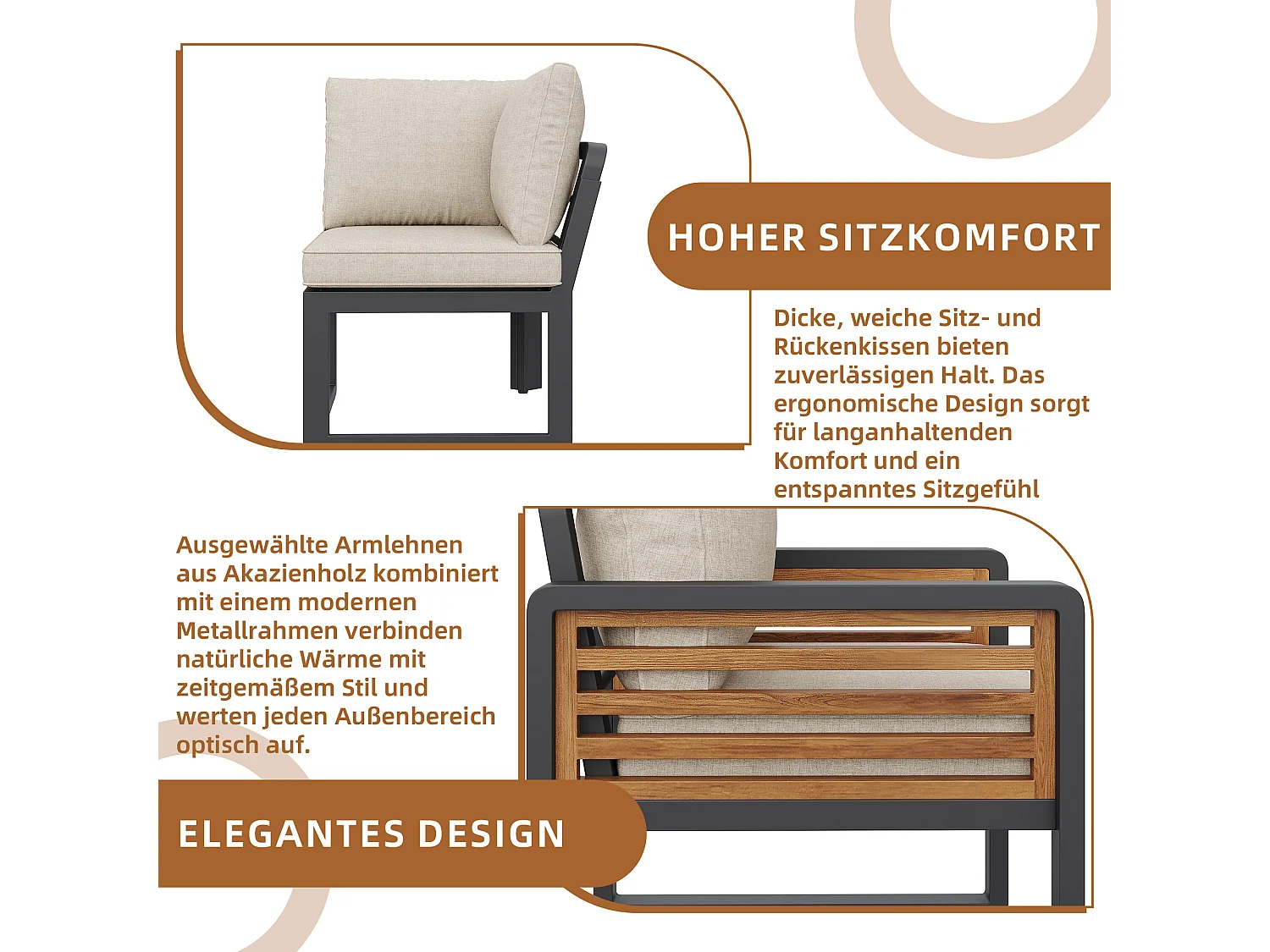 Conjunto de muebles de jardín de 8 plazas - con 3 sofás + 2 sillones + 1 mesa - cojines de asiento y respaldo incluidos - metal - beige