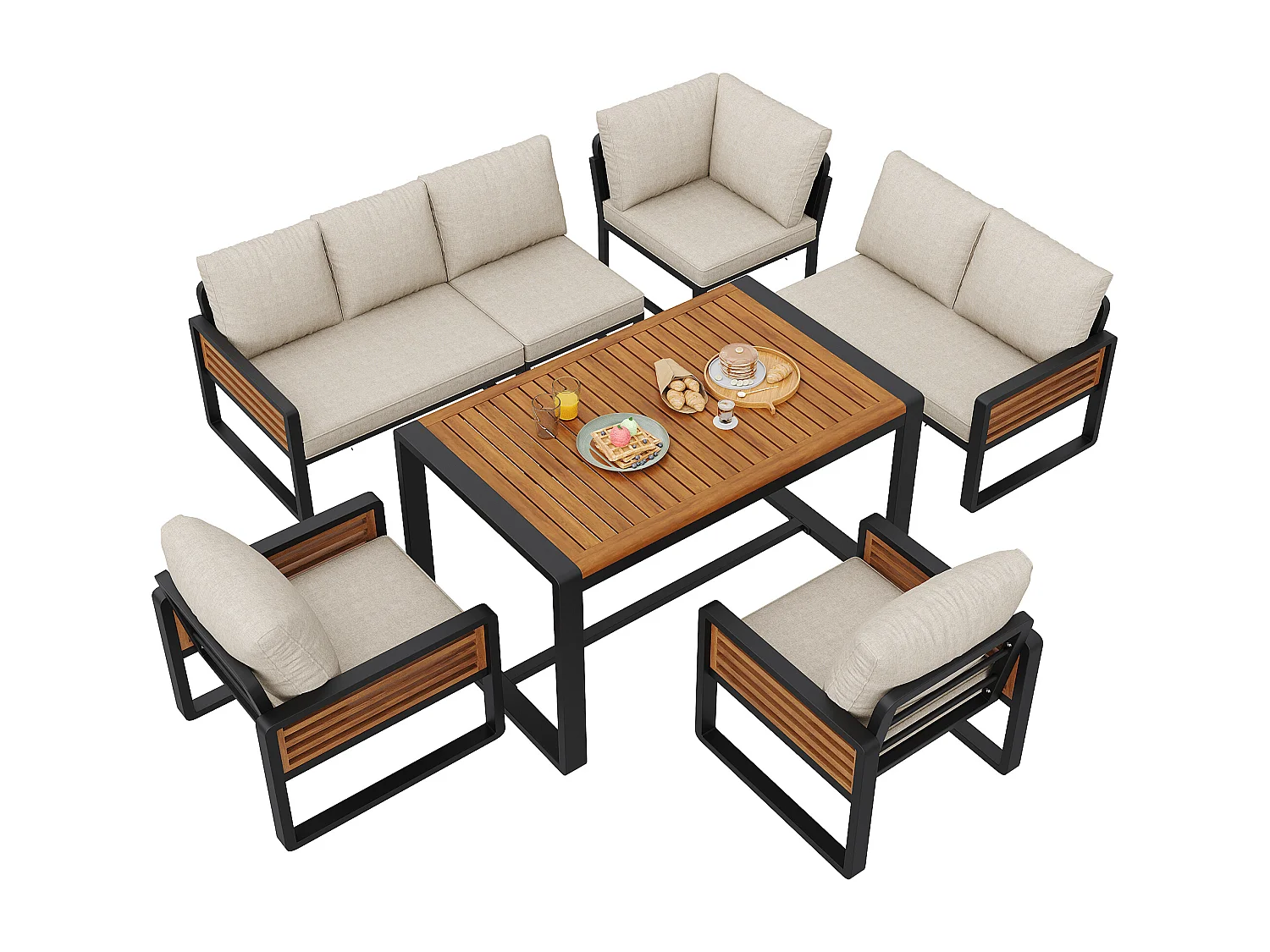 Conjunto de muebles de jardín de 8 plazas - con 3 sofás + 2 sillones + 1 mesa - cojines de asiento y respaldo incluidos - metal - beige