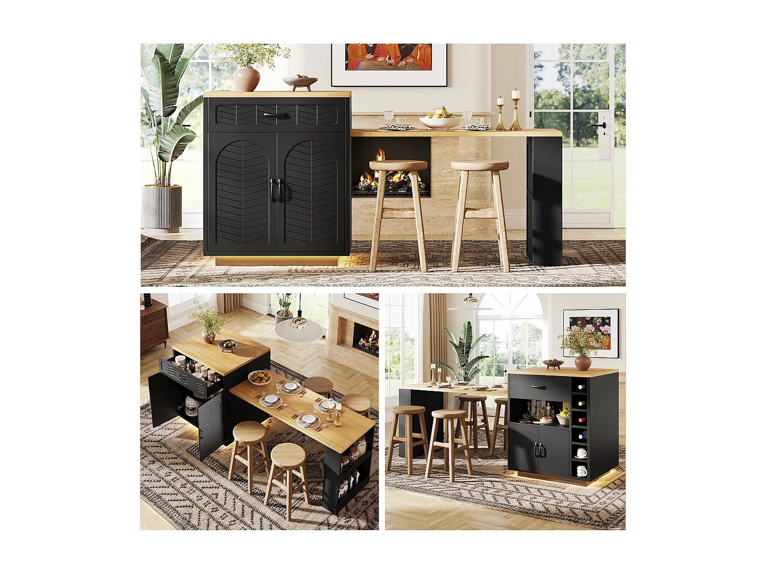 Îlot de cuisine / meuble bar - 193.5 x 70 x 95.5 cm - avec table coulissante + 2 tiroirs + 4 portes - MDF + métal - noir