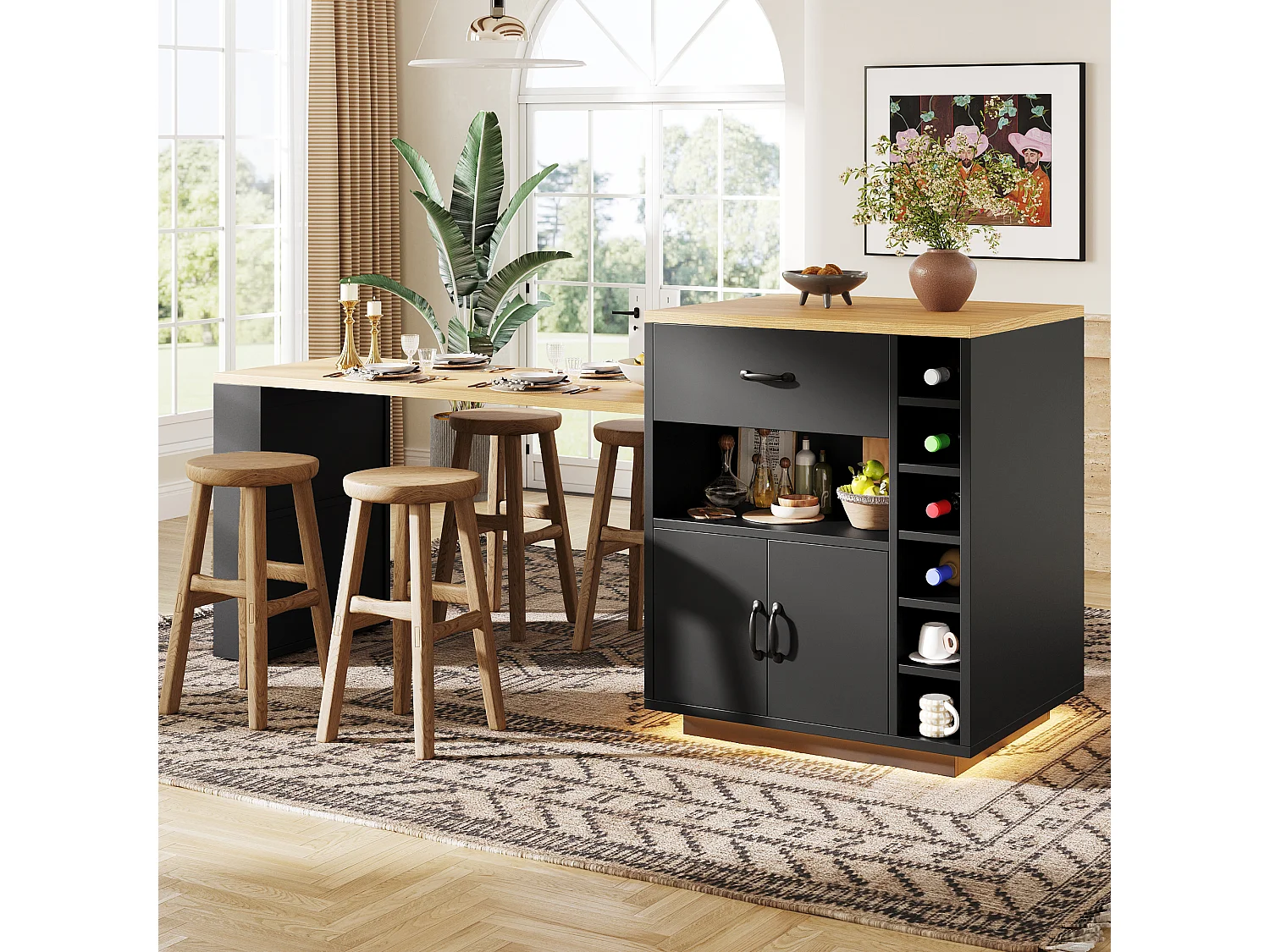 Îlot de cuisine / meuble bar - 193.5 x 70 x 95.5 cm - avec table coulissante + 2 tiroirs + 4 portes - MDF + métal - noir