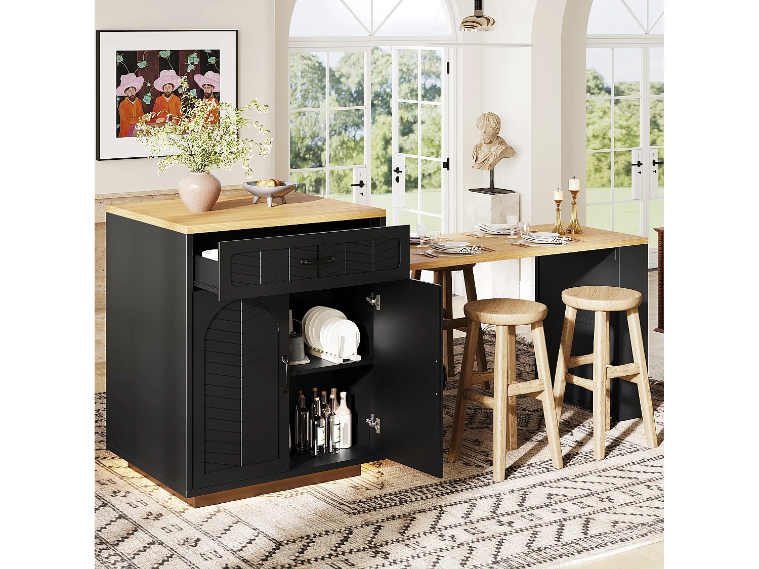 Îlot de cuisine / meuble bar - 193.5 x 70 x 95.5 cm - avec table coulissante + 2 tiroirs + 4 portes - MDF + métal - noir