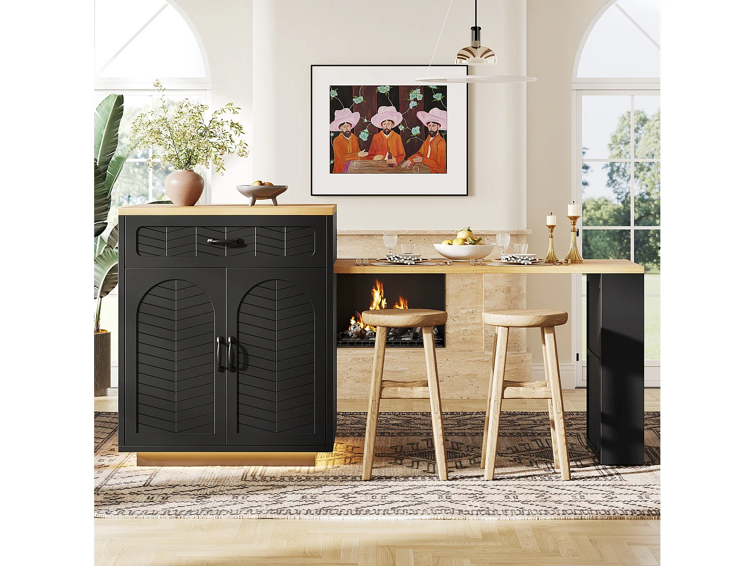 Îlot de cuisine / meuble bar - 193.5 x 70 x 95.5 cm - avec table coulissante + 2 tiroirs + 4 portes - MDF + métal - noir