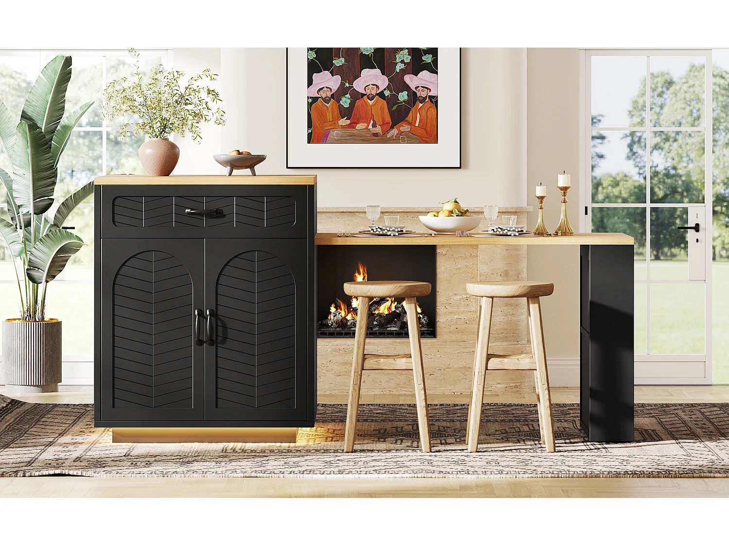 Îlot de cuisine / meuble bar - 193.5 x 70 x 95.5 cm - avec table coulissante + 2 tiroirs + 4 portes - MDF + métal - noir