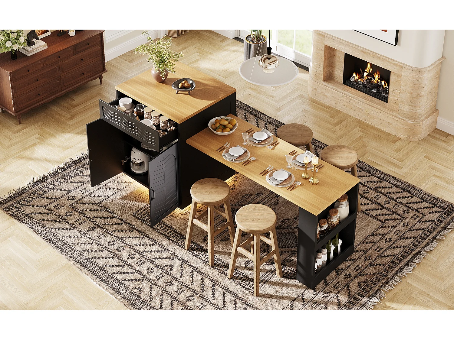Îlot de cuisine / meuble bar - 193.5 x 70 x 95.5 cm - avec table coulissante + 2 tiroirs + 4 portes - MDF + métal - noir