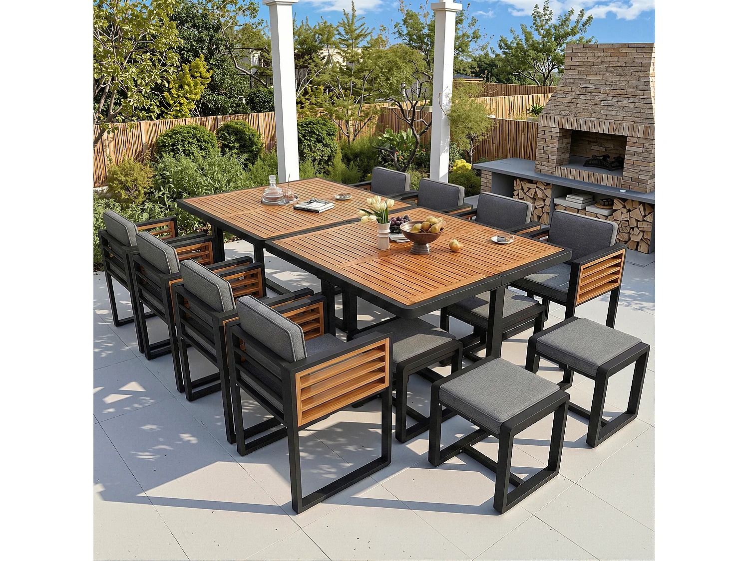 Zestaw mebli ogrodowych 12-osobowy - 8 krzeseł + 4 stołki + 2 stoły - blat z litego drewna - drewno + metal - szary