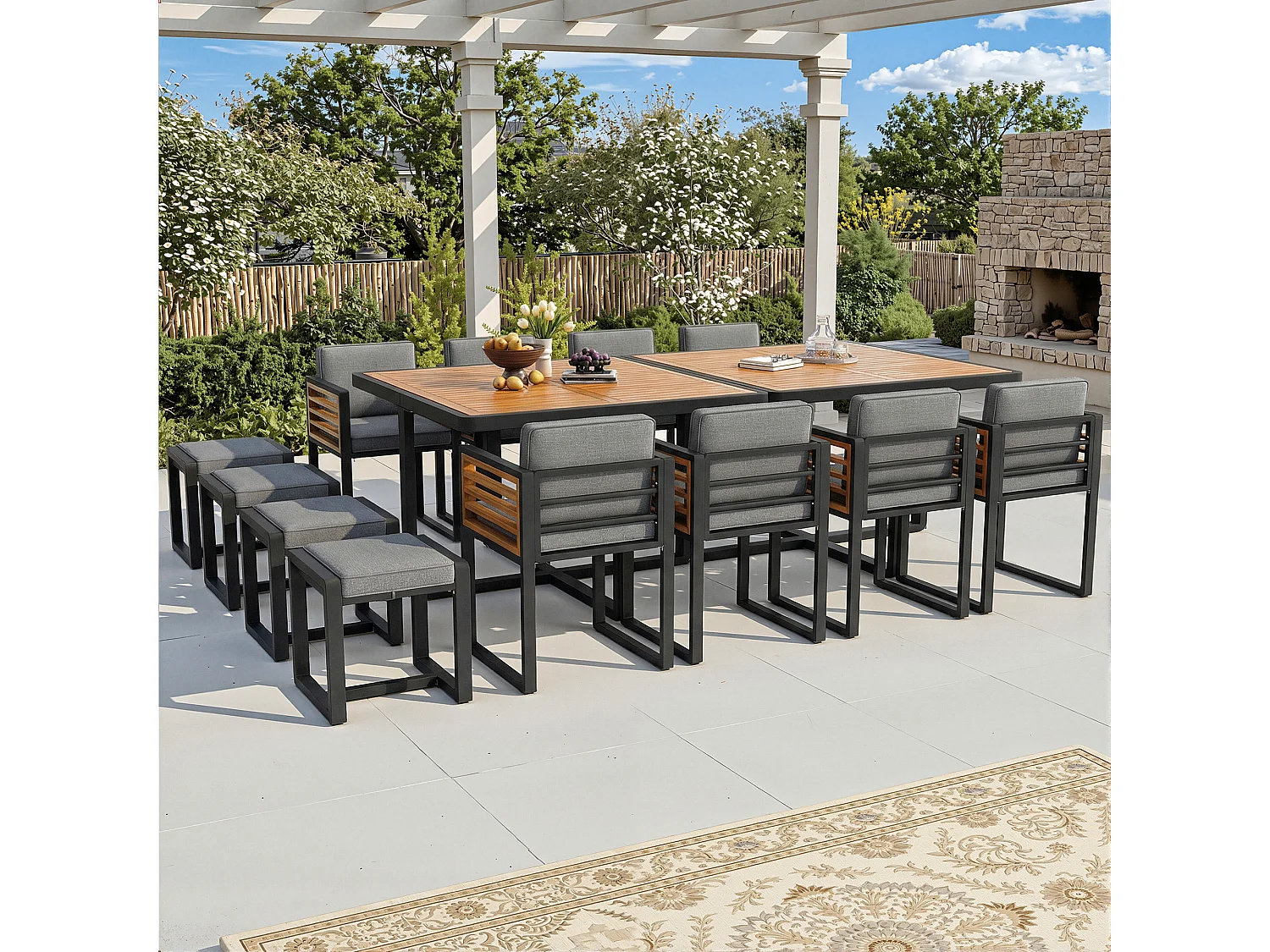 Zestaw mebli ogrodowych 12-osobowy - 8 krzeseł + 4 stołki + 2 stoły - blat z litego drewna - drewno + metal - szary