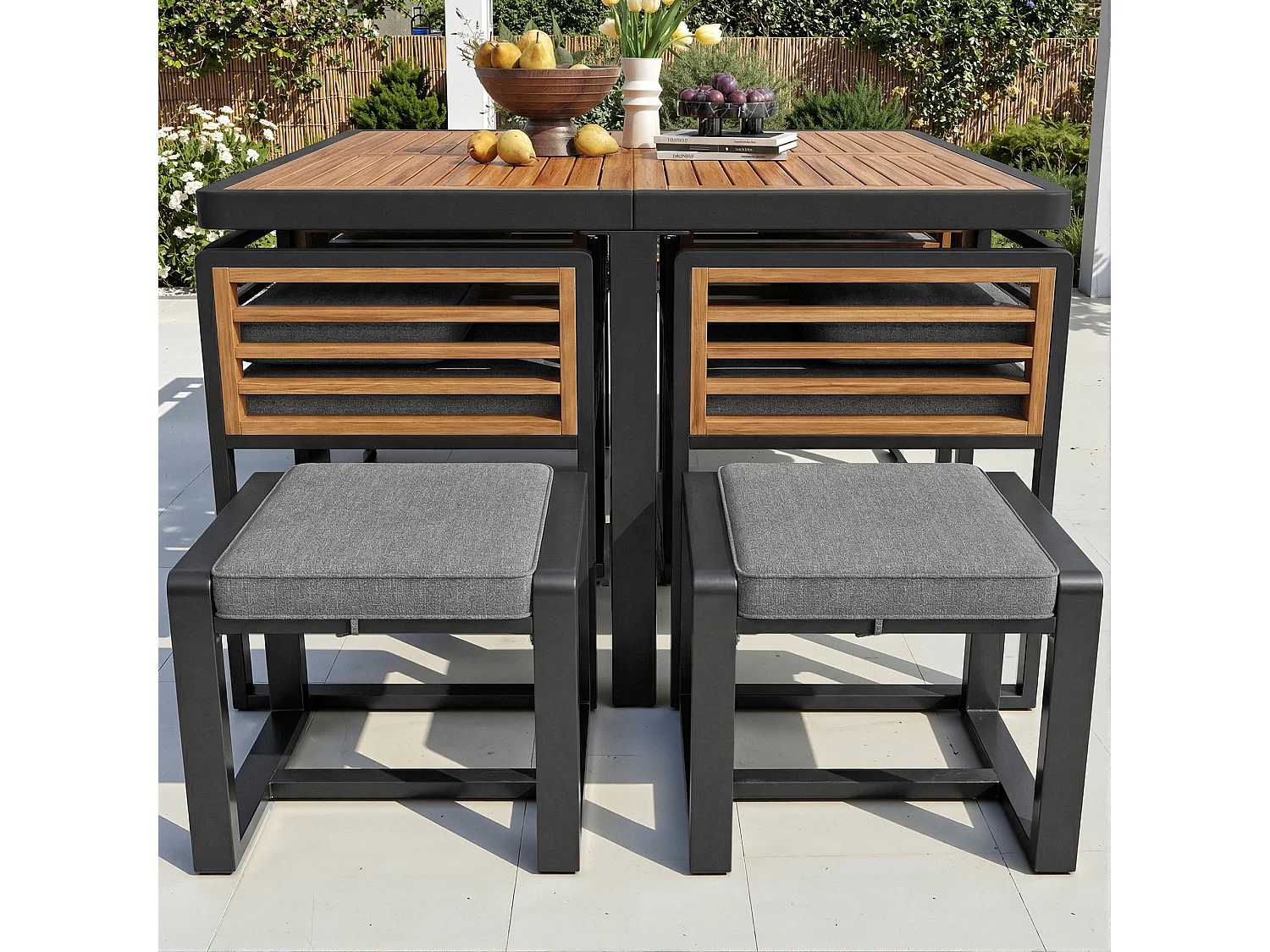 Zestaw mebli ogrodowych 12-osobowy - 8 krzeseł + 4 stołki + 2 stoły - blat z litego drewna - drewno + metal - szary