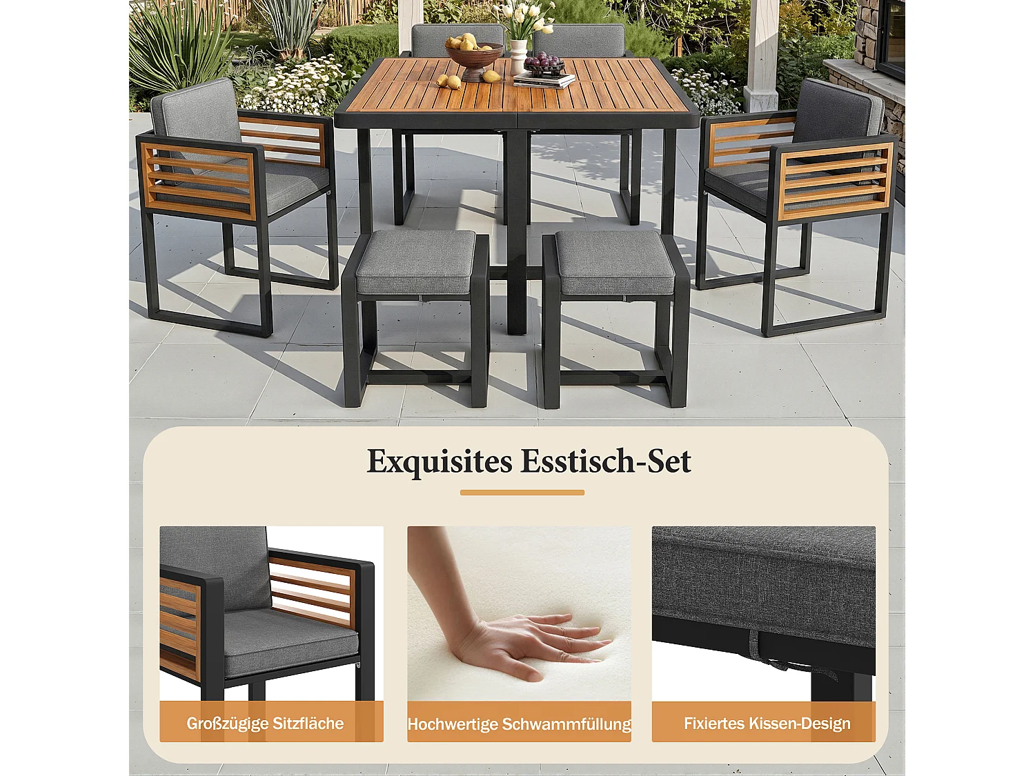 Zestaw mebli ogrodowych 12-osobowy - 8 krzeseł + 4 stołki + 2 stoły - blat z litego drewna - drewno + metal - szary