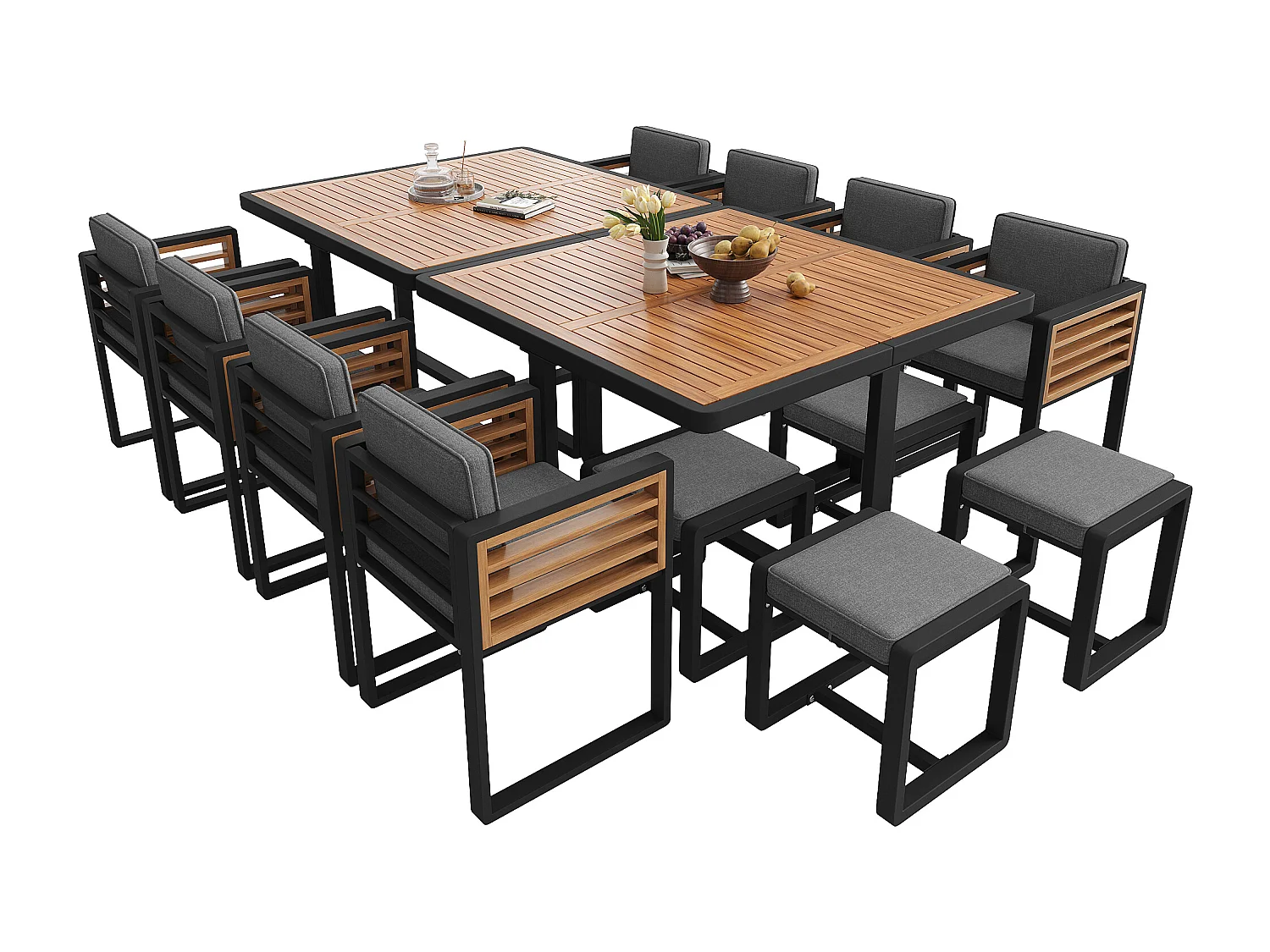 Zestaw mebli ogrodowych 12-osobowy - 8 krzeseł + 4 stołki + 2 stoły - blat z litego drewna - drewno + metal - szary