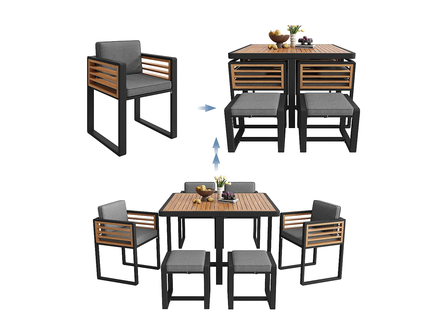 Zestaw mebli ogrodowych 12-osobowy - 8 krzeseł + 4 stołki + 2 stoły - blat z litego drewna - drewno + metal - szary