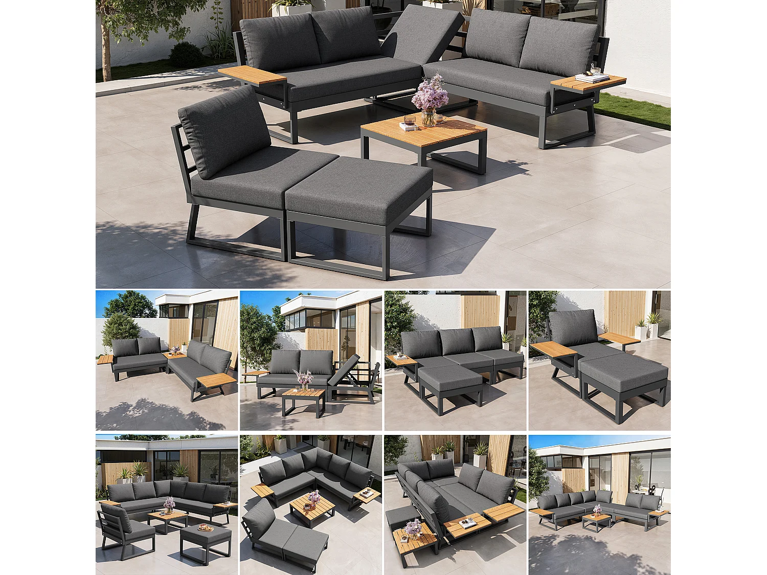 Ensemble salon de jardin 7 places - avec canapé inclinable réglable + fauteuils + table + pouf - métal - gris