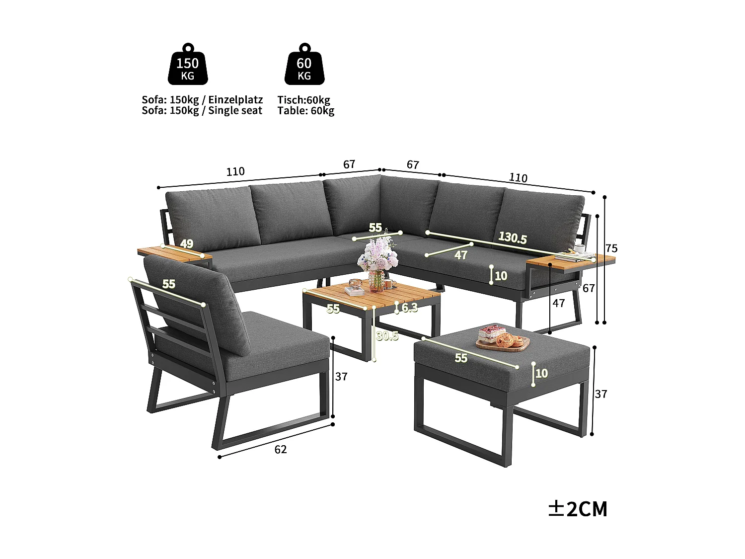 Ensemble salon de jardin 7 places - avec canapé inclinable réglable + fauteuils + table + pouf - métal - gris