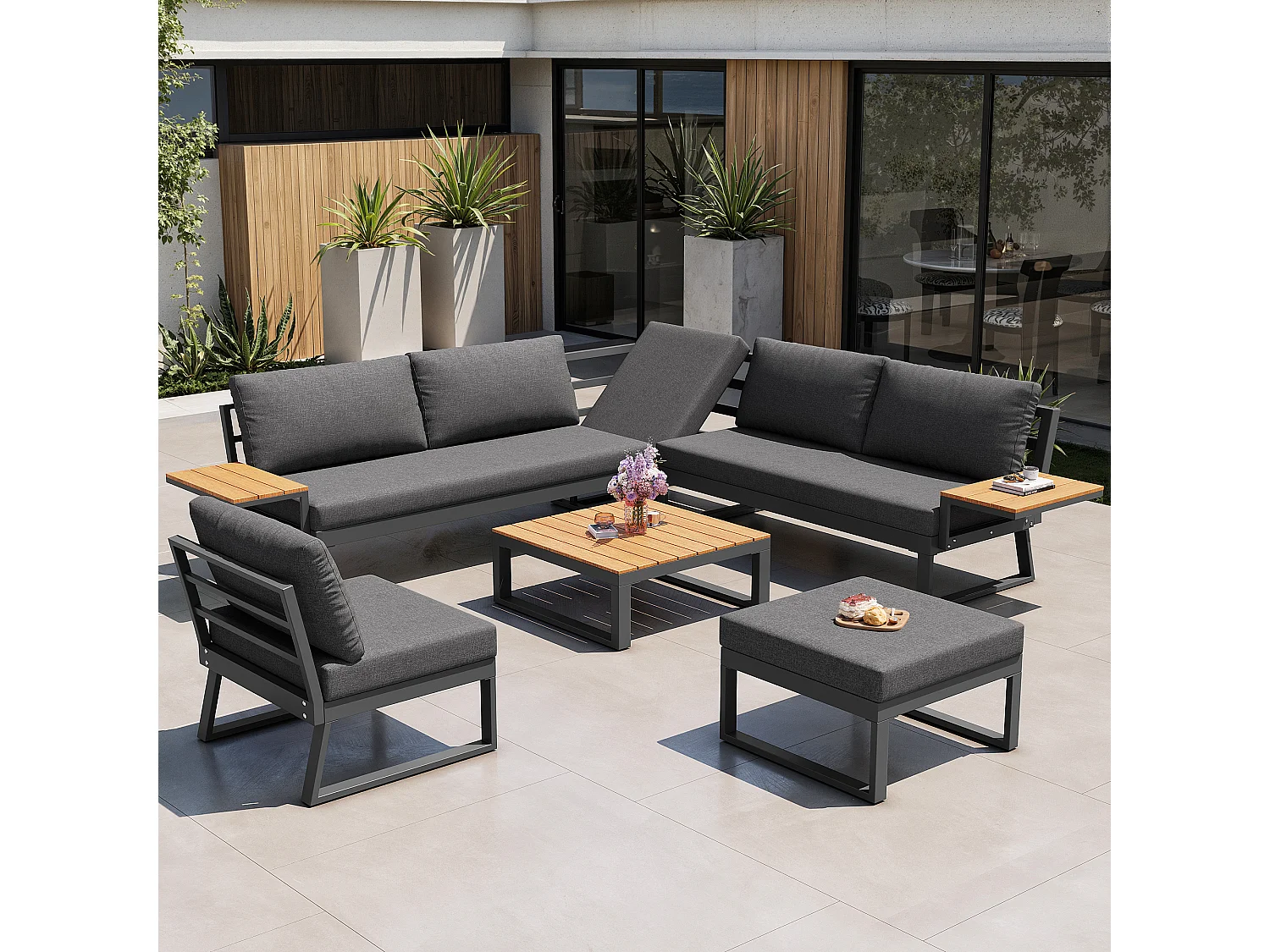 Ensemble salon de jardin 7 places - avec canapé inclinable réglable + fauteuils + table + pouf - métal - gris